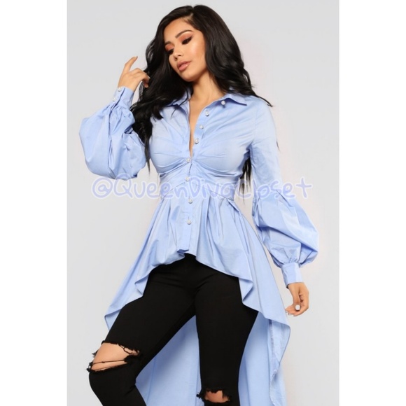 Hi lo blue peplum button shirt blouse long sleeve - Picture 2 of 9